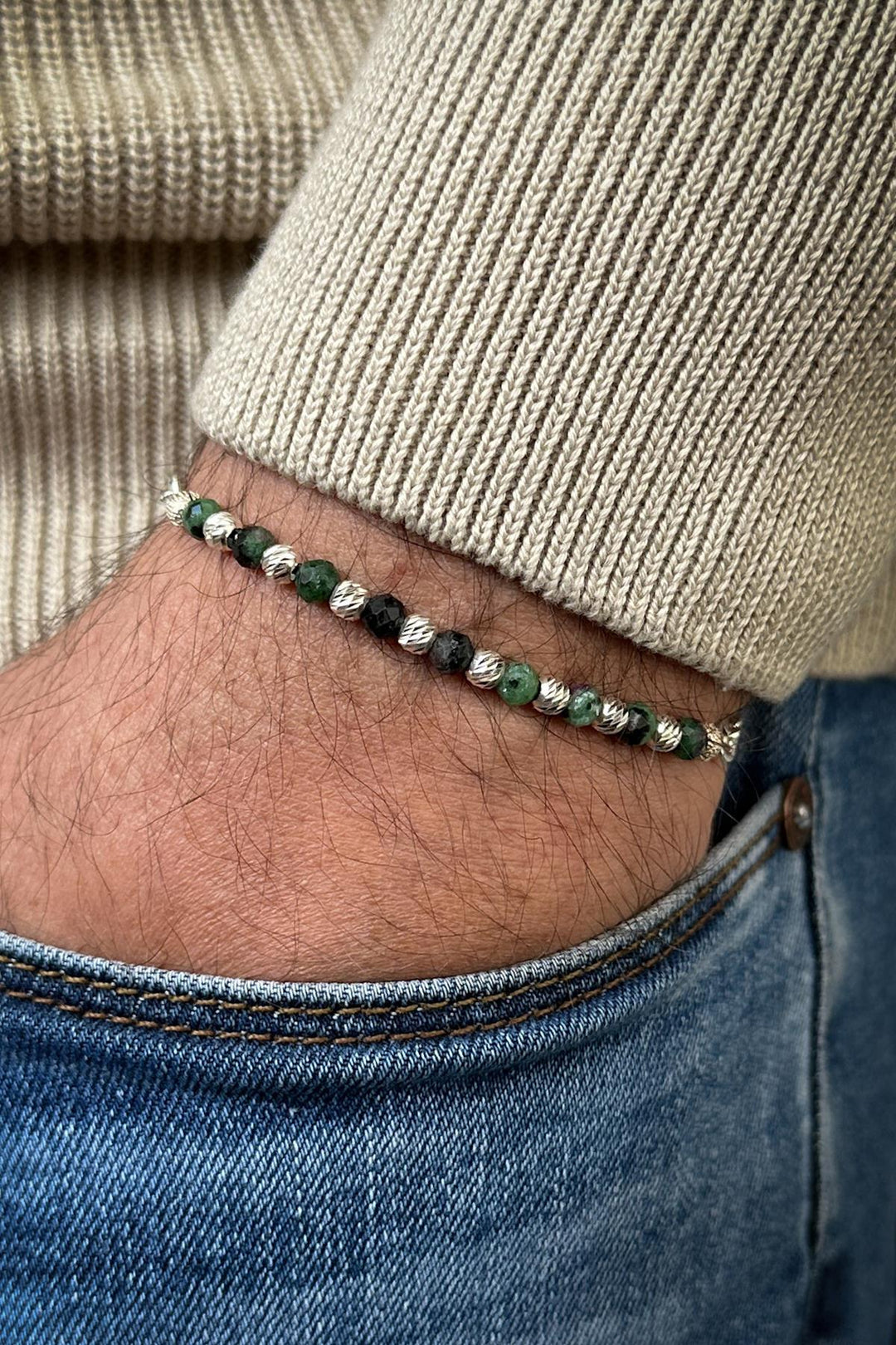 NVM FRNCH 925 Sterling Silver and Chrysocolla Natural Stone Green Color Men's Bracelet FRJ11990-2090-Y3 - Adeje