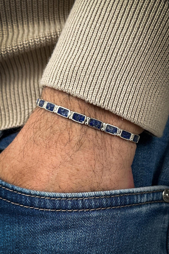 NVM FRNCH 925 Sterling Silver and Lapis Lazuli Natural Stone Navy Blue Color Men's Bracelet FRJ12461-3461-L - Voghera