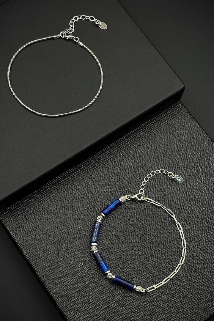 NVM FRNCH 925 Sterling Silver and Lapis Lazuli Natural Stone Navy Blue Color Men's Bracelet Set FRJ12416-3416-LA - Cherkasy