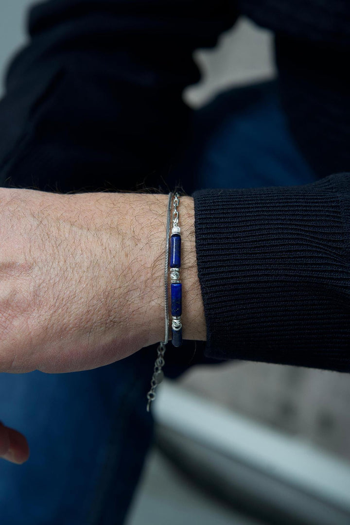 NVM FRNCH 925 Sterling Silver and Lapis Lazuli Natural Stone Navy Blue Color Men's Bracelet Set FRJ12416-3416-LA - Cherkasy