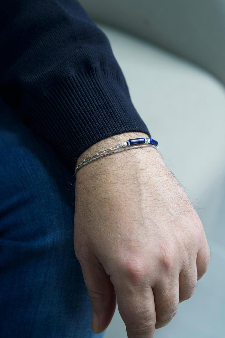 NVM FRNCH 925 Sterling Silver and Lapis Lazuli Natural Stone Navy Blue Color Men's Bracelet Set FRJ12416-3416-LA - Cherkasy