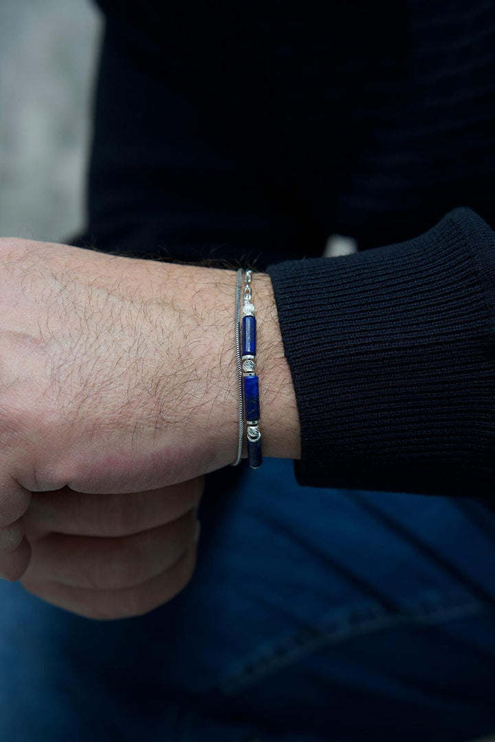 NVM FRNCH 925 Sterling Silver and Lapis Lazuli Natural Stone Navy Blue Color Men's Bracelet Set FRJ12416-3416-LA - Cherkasy