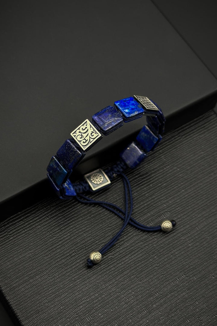NVM FRNCH 925 Sterling Silver and Lapis Lazuli Natural Stone Zircon Detailed Navy Blue Color Men's Bracelet FRJ12333-3333-L - Lage