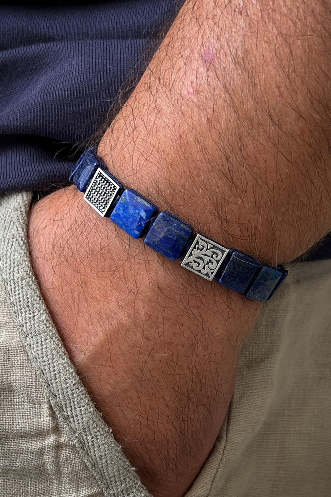 NVM FRNCH 925 Sterling Silver and Lapis Lazuli Natural Stone Zircon Detailed Navy Blue Color Men's Bracelet FRJ12333-3333-L - Lage