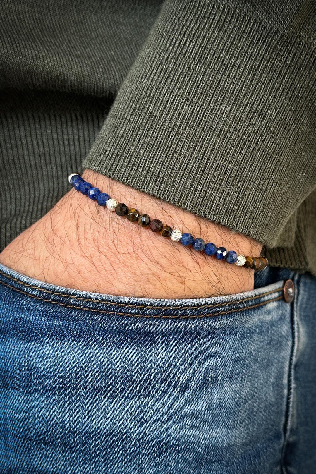 NVM FRNCH 925 Sterling Silver and Lapis Lazuli/Tiger Eye Natural Stone Multicolored Men's Bracelet FRJ12334-3334-LK - Aachen