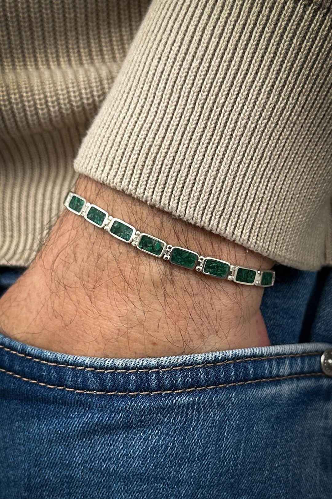 NVM FRNCH 925 Sterling Silver and Malachite Natural Stone Green Color Men's Bracelet FRJ12461-3461-Y - South Hill