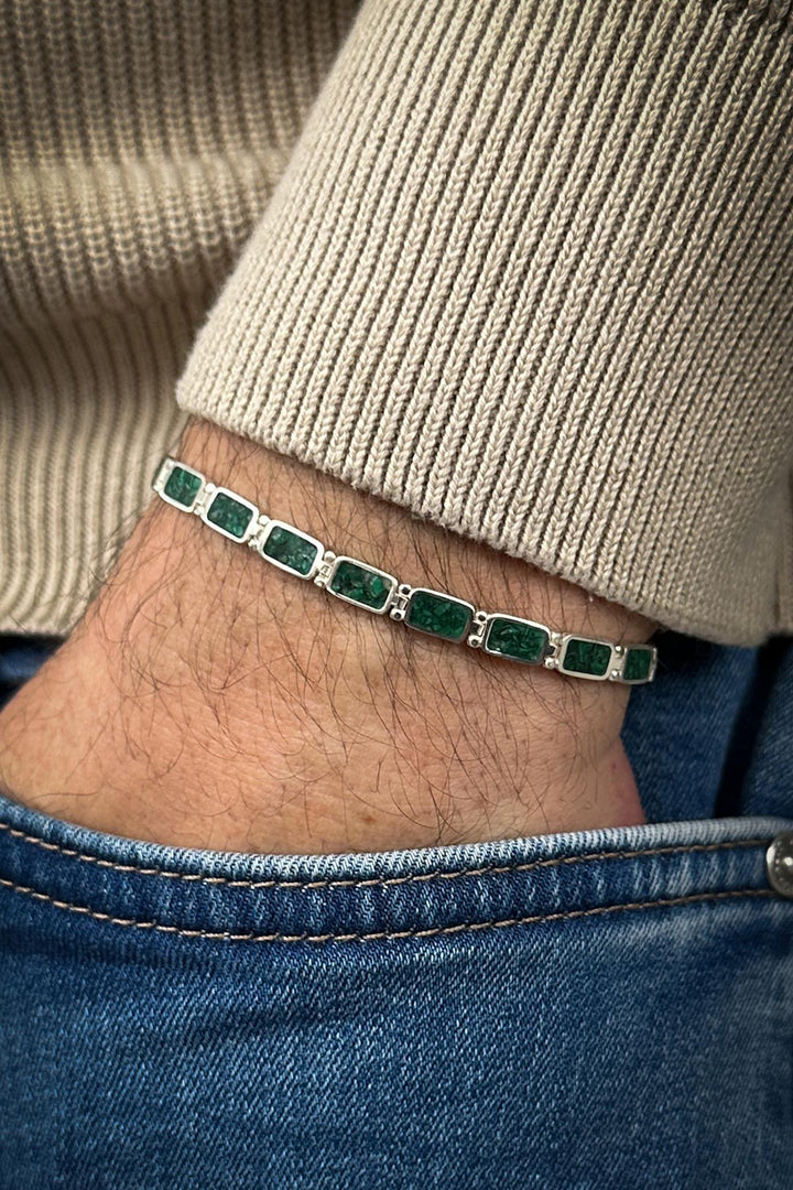 NVM FRNCH 925 Sterling Silver and Malachite Natural Stone Green Color Men's Bracelet FRJ12461-3461-Y - South Hill