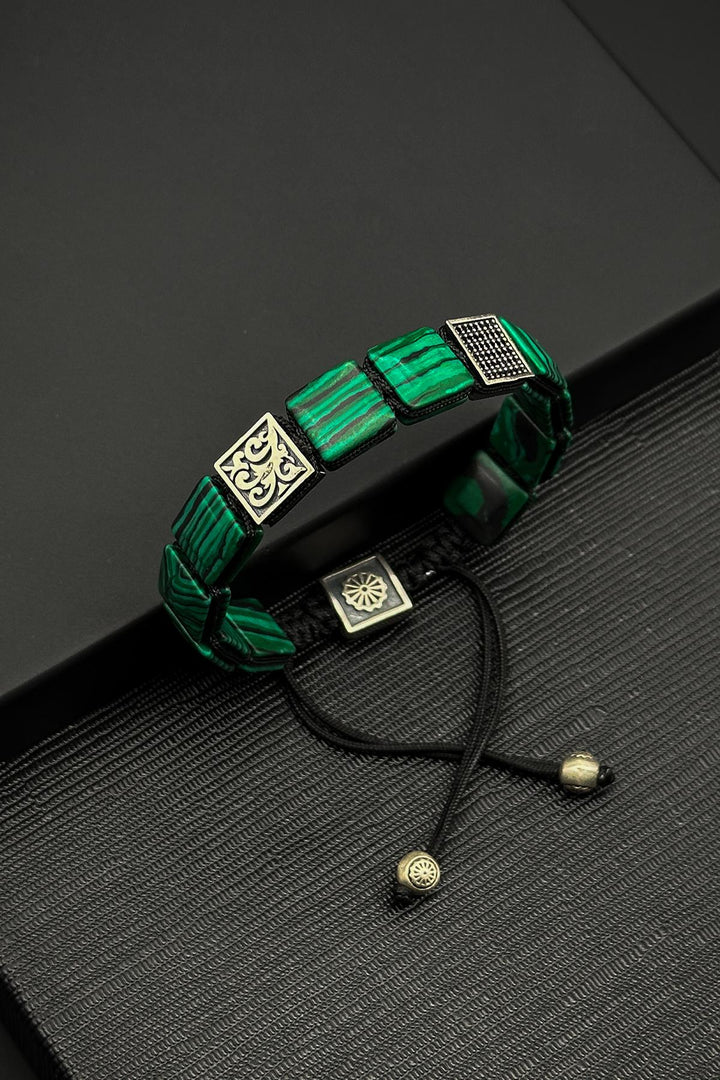NVM FRNCH 925 Sterling Silver and Malachite Natural Stone with Zircon Pieces Green Color Men's Bracelet FRJ12333-3333-Y - Newcastle