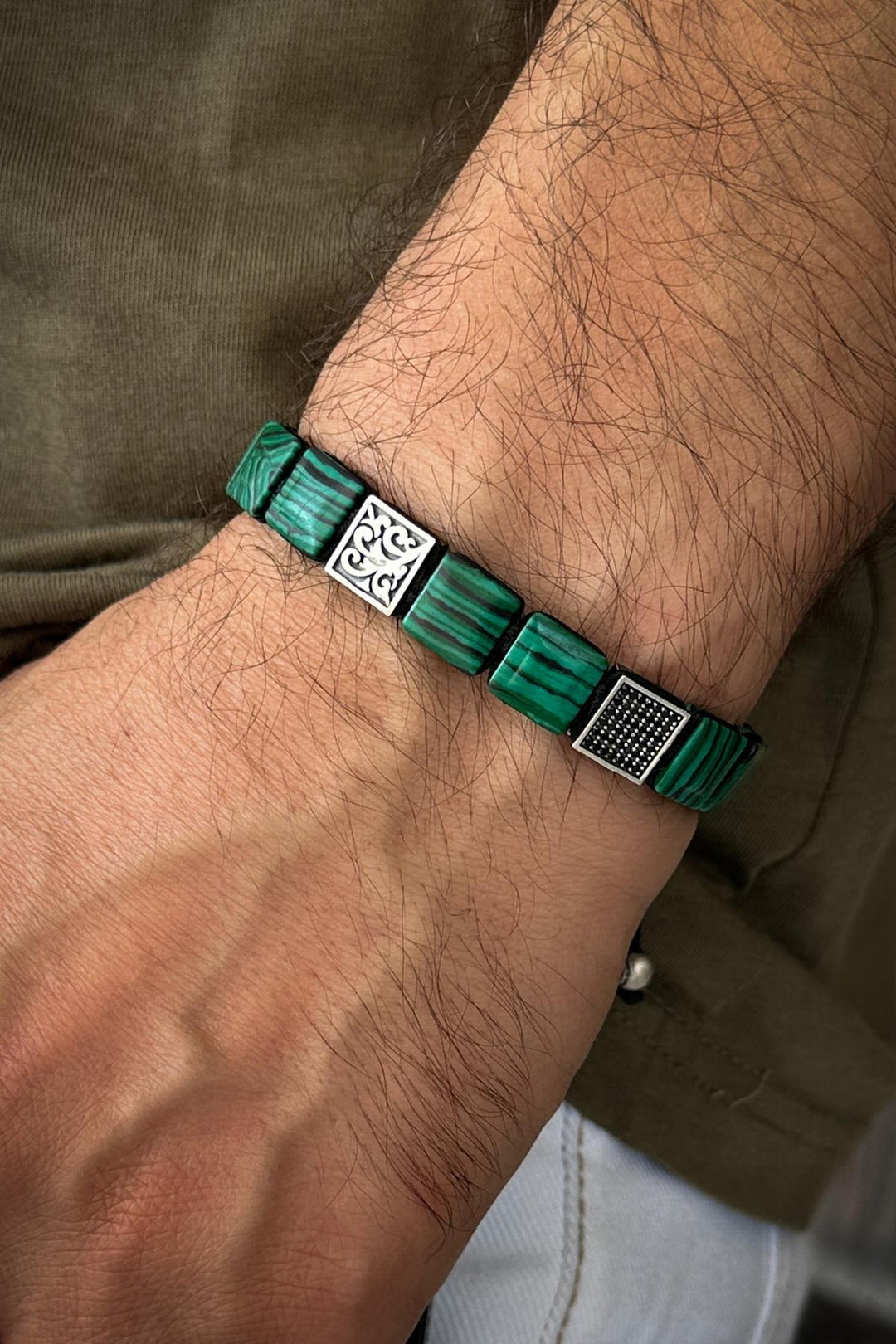NVM FRNCH 925 Sterling Silver and Malachite Natural Stone with Zircon Pieces Green Color Men's Bracelet FRJ12333-3333-Y - Newcastle