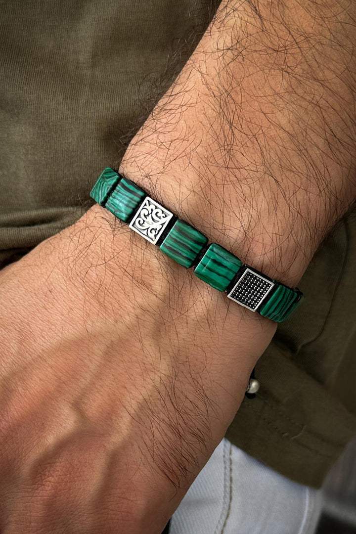 NVM FRNCH 925 Sterling Silver and Malachite Natural Stone with Zircon Pieces Green Color Men's Bracelet FRJ12333-3333-Y - Newcastle