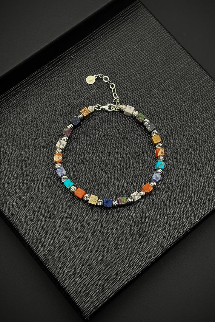 NVM FRNCH 925 Sterling Silver and Mixed Natural Stone Multi-Colored Adjustable Men's Bracelet FRJ11843943-CK2 - Dearborn