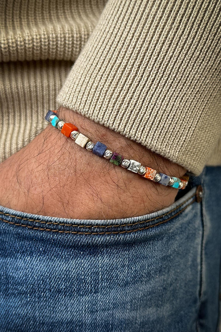 NVM FRNCH 925 Sterling Silver and Mixed Natural Stone Multi-Colored Adjustable Men's Bracelet FRJ11843943-CK2 - Dearborn