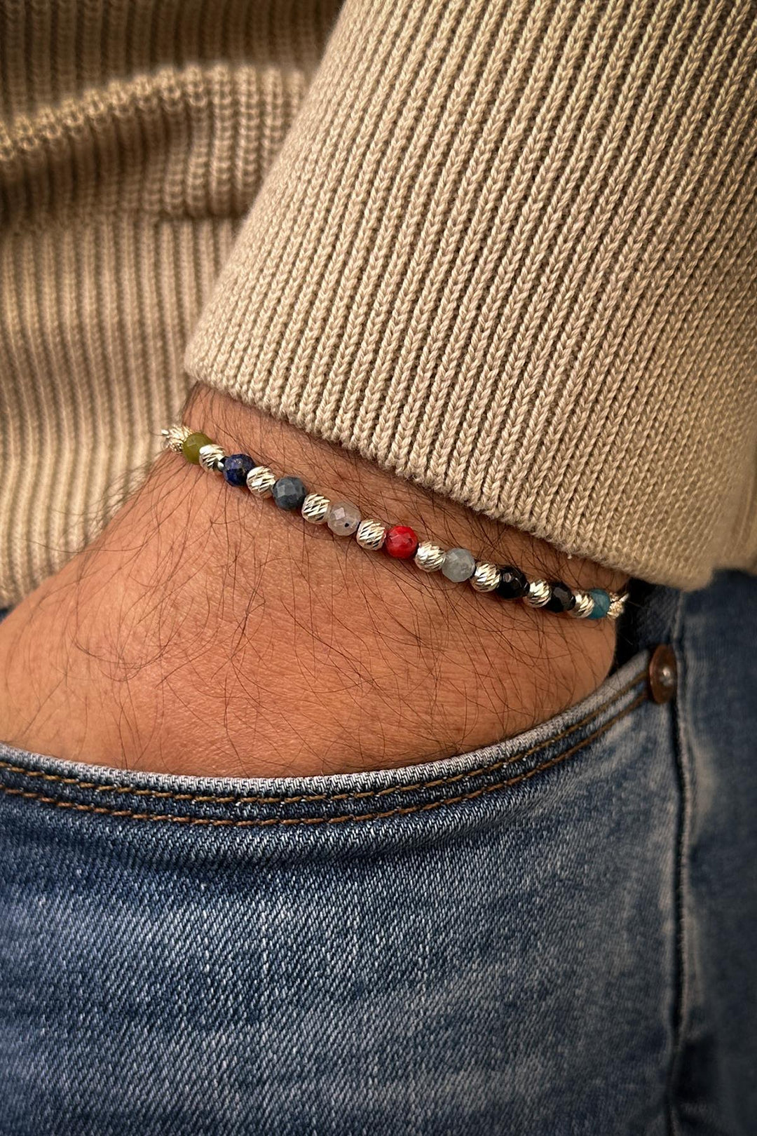 NVM FRNCH 925 Sterling Silver and Multi Natural Stone Men's Bracelet FRJ11990-2090-CK2 - Isla