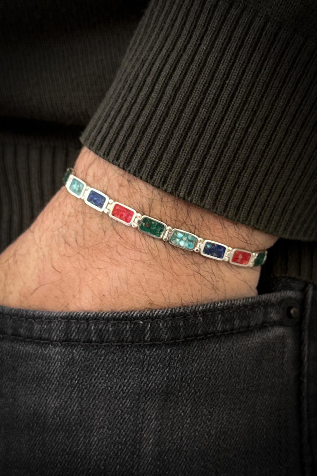 NVM FRNCH 925 Sterling Silver and Multi Natural Stone Men's Bracelet FRJ12461-3461-CK - Kenosha