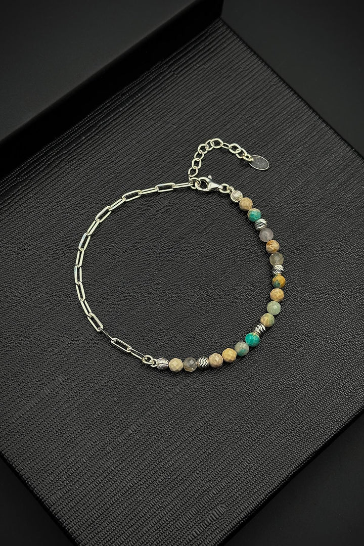NVM FRNCH 925 Sterling Silver and Phoenix Turquoise Natural Stone Beige Color Men's Bracelet FRJ12456-3456-BM - Eboli