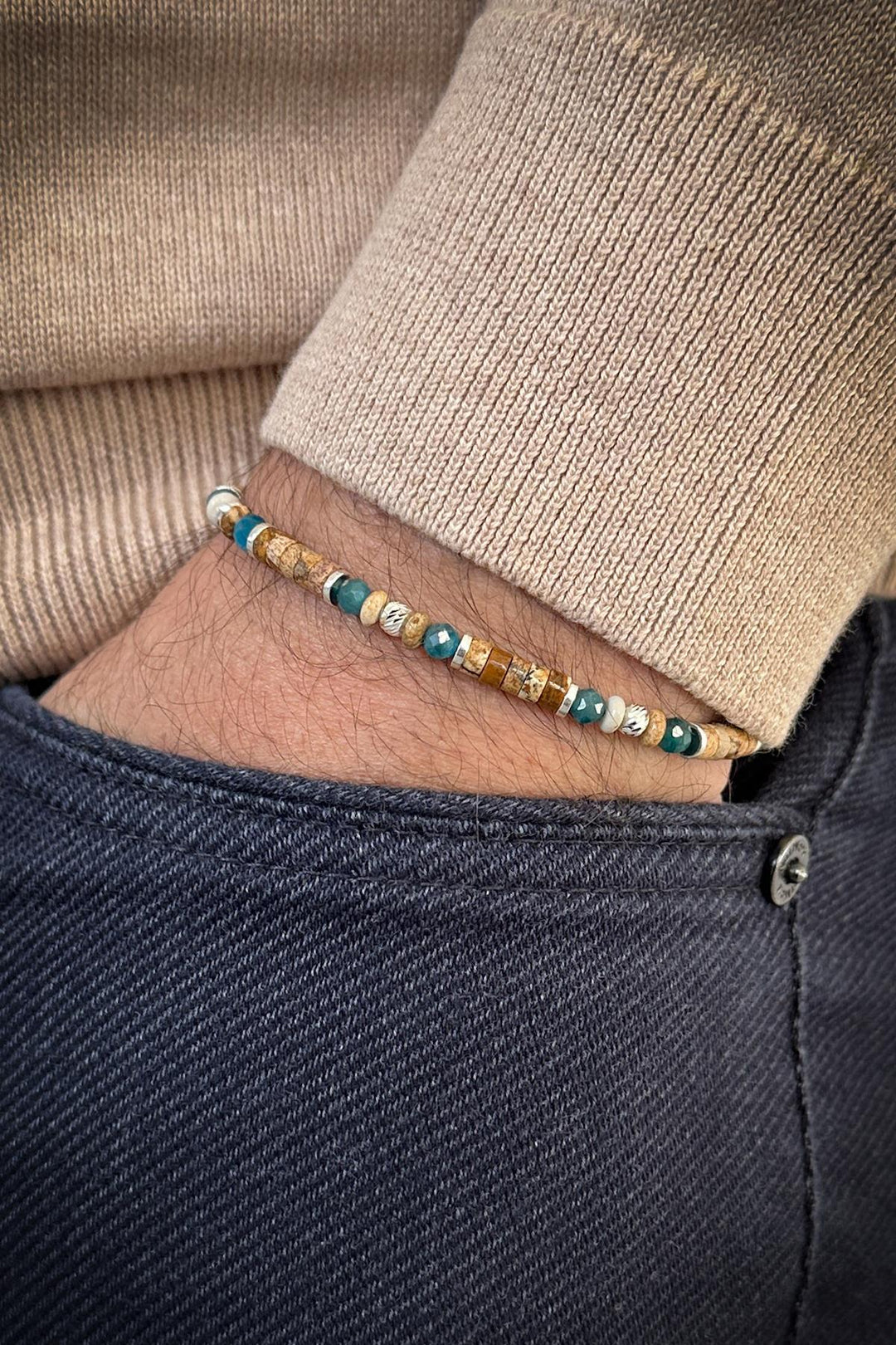 NVM FRNCH 925 Sterling Silver and Earth/Apatite Natural Stone Brown Men's Bracelet FRJ12367-3367-CK5 - Rexburg