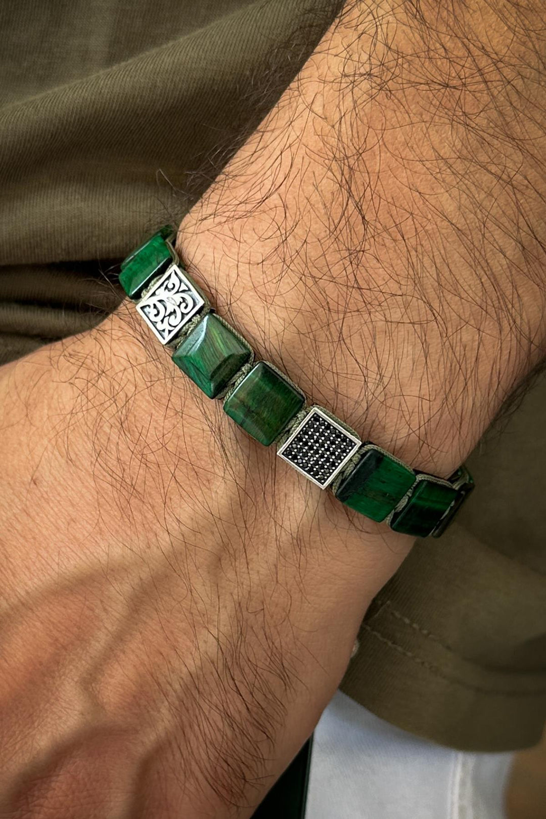 NVM FRNCH 925 Sterling Silver and Variscite Natural Stone Zircon Piece Green Color Men's Bracelet FRJ12333-3333-Y2 - Wijchen