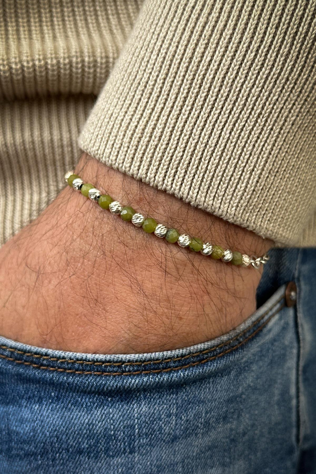 NVM FRNCH 925 Sterling Silver and Jade Natural Stone Green Color Men's Bracelet FRJ11990-2090-Y4 - Olot
