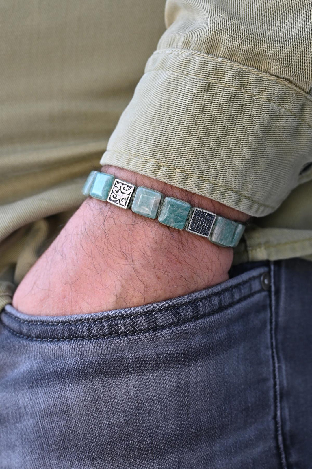 NVM FRNCH 925 Sterling Silver and Jade Natural Stone Zircon Piece Blue Color Men's Bracelet FRJ12333-3333-M3 - Zográfos