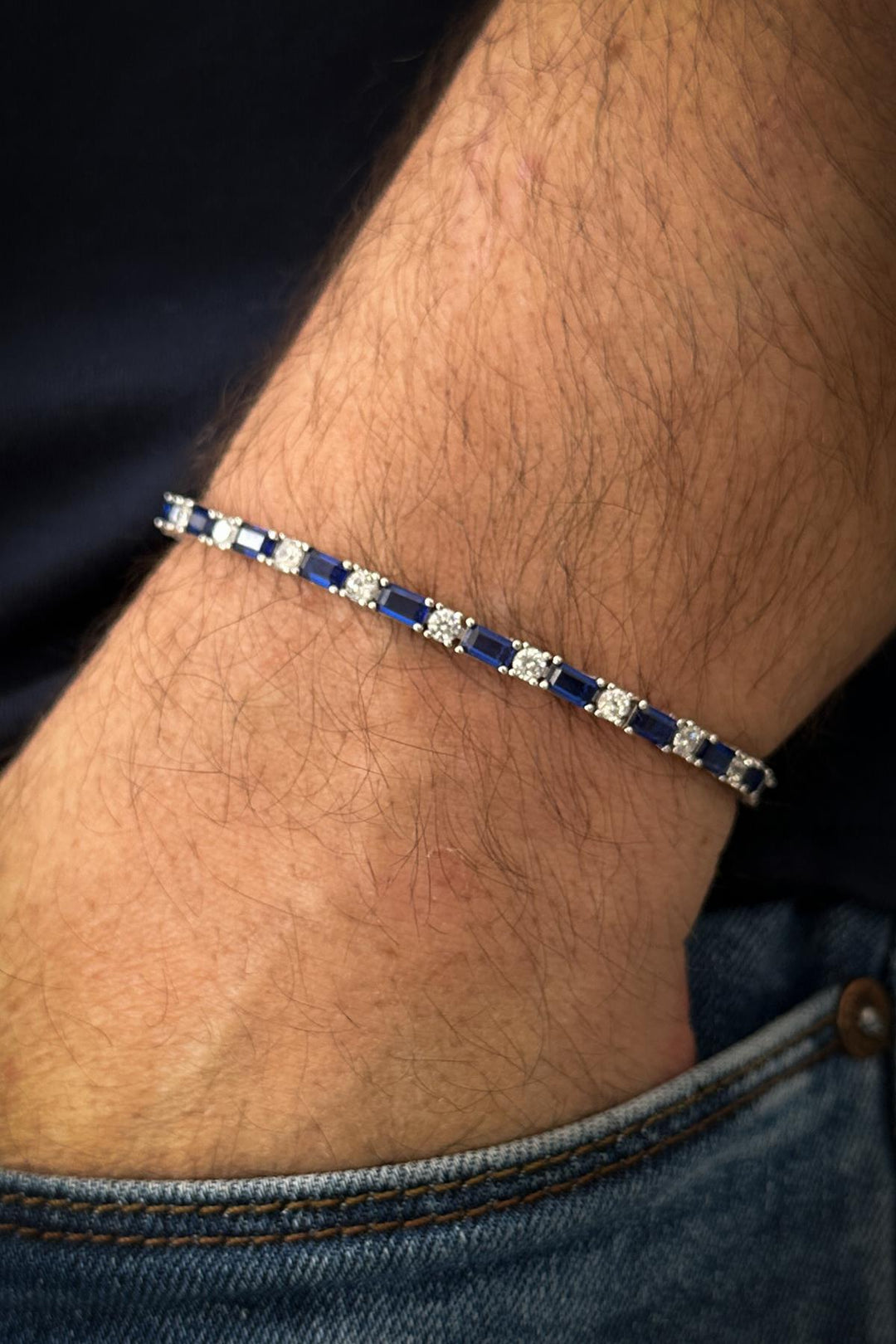 NVM FRNCH 925 Sterling Silver Navy Blue Zircon Stone Tennis Men's Bracelet FRJ12157-3157-LA - Cananea