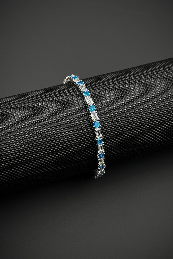NVM FRNCH 925 Sterling Silver Aqua Marine Stone Turquoise-White Color Tennis Men's Bracelet FRJ12157-3157-MA - Alexandria
