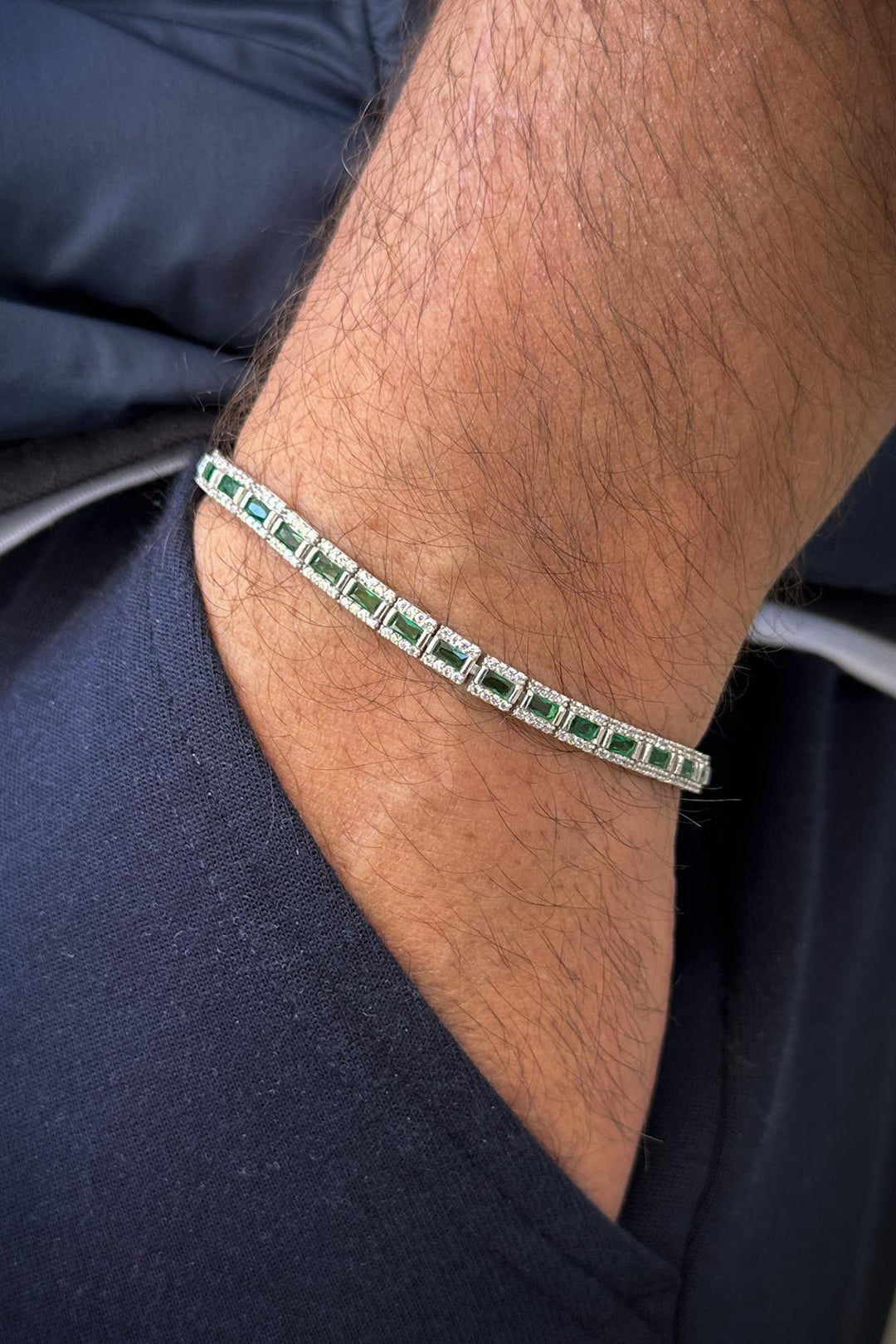 NVM FRNCH 925 Sterling Silver Zircon Stone Green Color Tennis Men's Bracelet FRJ12181-3181-YA - Foligno