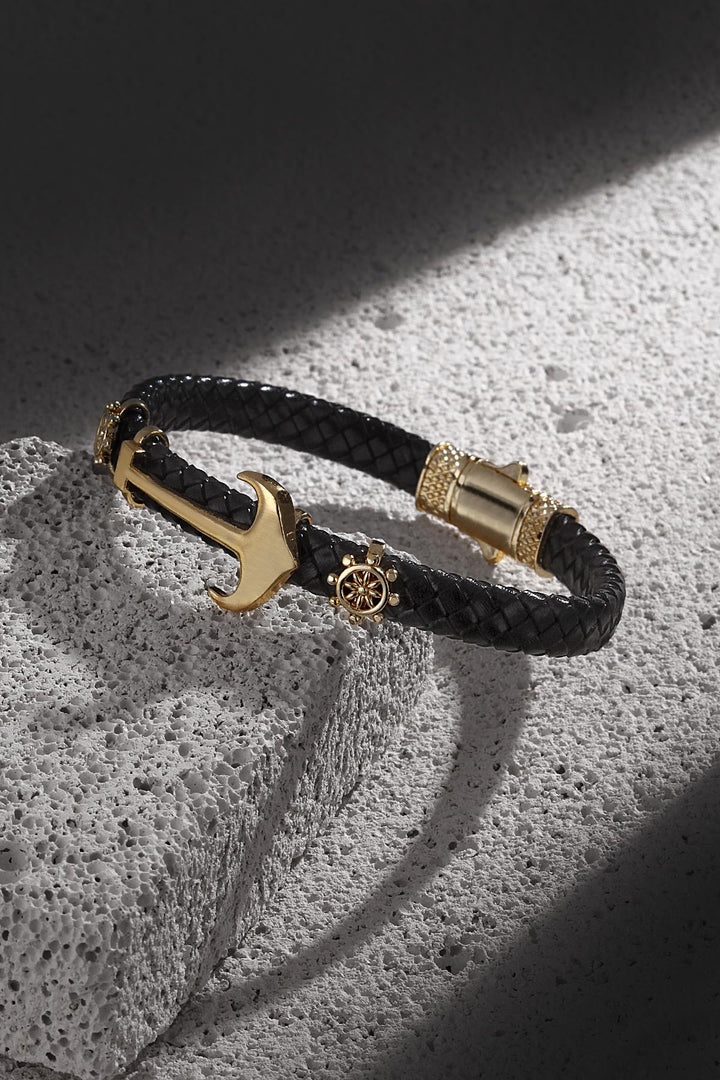 NVM FRNCH Anchor Figured Gold Color Zircon Stone Handmade Leather Men's Bracelet FRJ11230330-G - Arecibo
