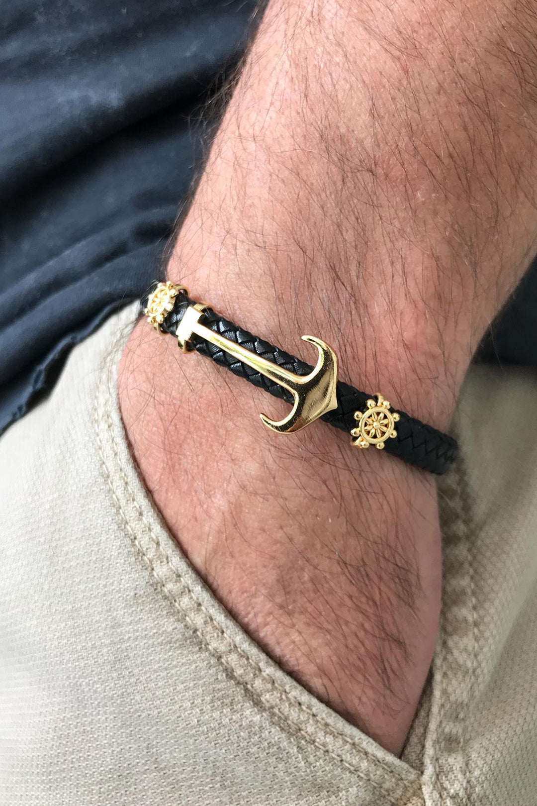 NVM FRNCH Anchor Figured Gold Color Zircon Stone Handmade Leather Men's Bracelet FRJ11230330-G - Arecibo
