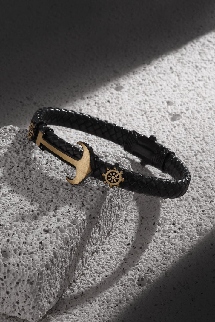 NVM FRNCH Anchor Figured Black-Distressed Color Zircon Stone Handmade Leather Men's Bracelet FRJ11230330-B3 - Bethesda