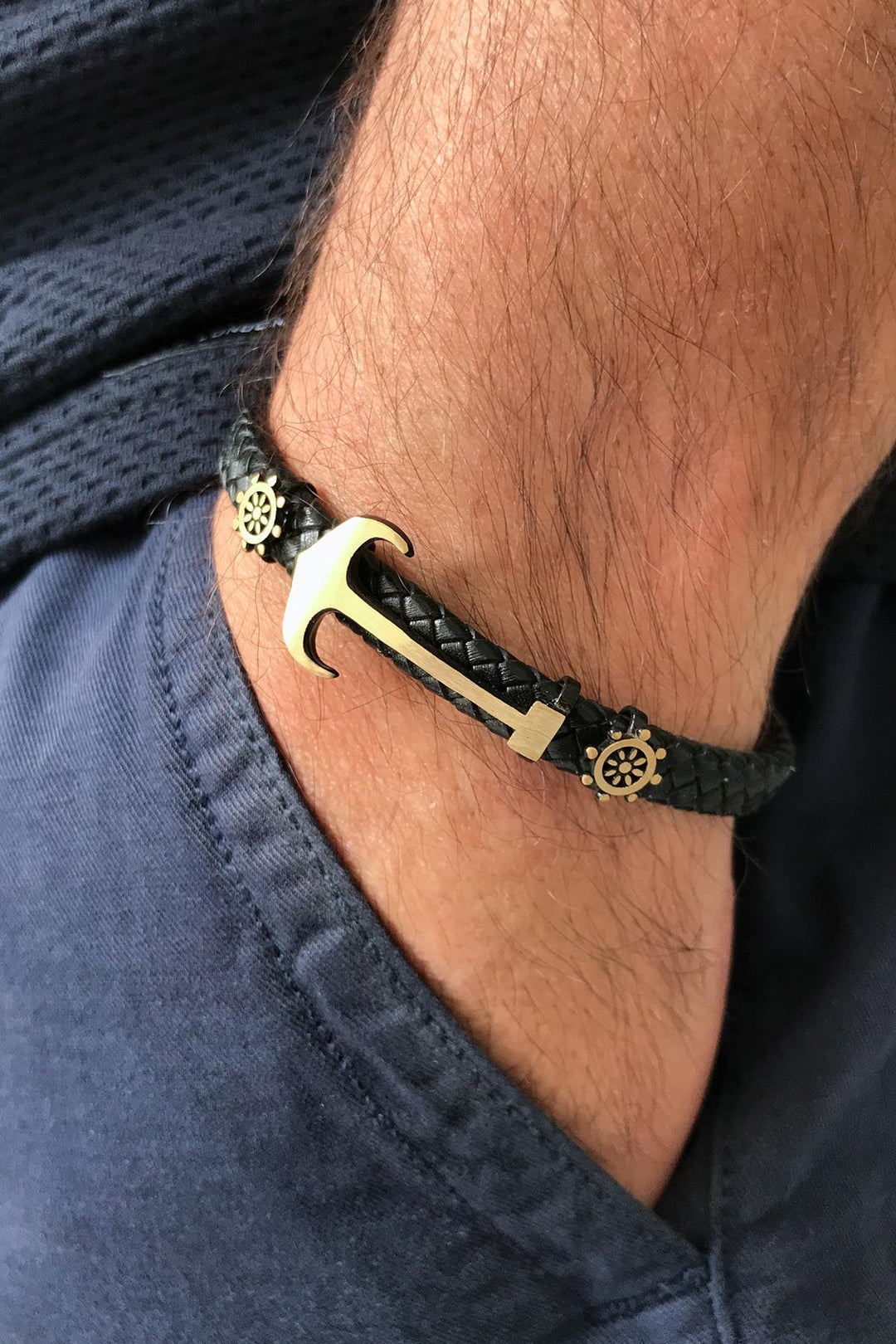 NVM FRNCH Anchor Figured Black-Distressed Color Zircon Stone Handmade Leather Men's Bracelet FRJ11230330-B3 - Bethesda