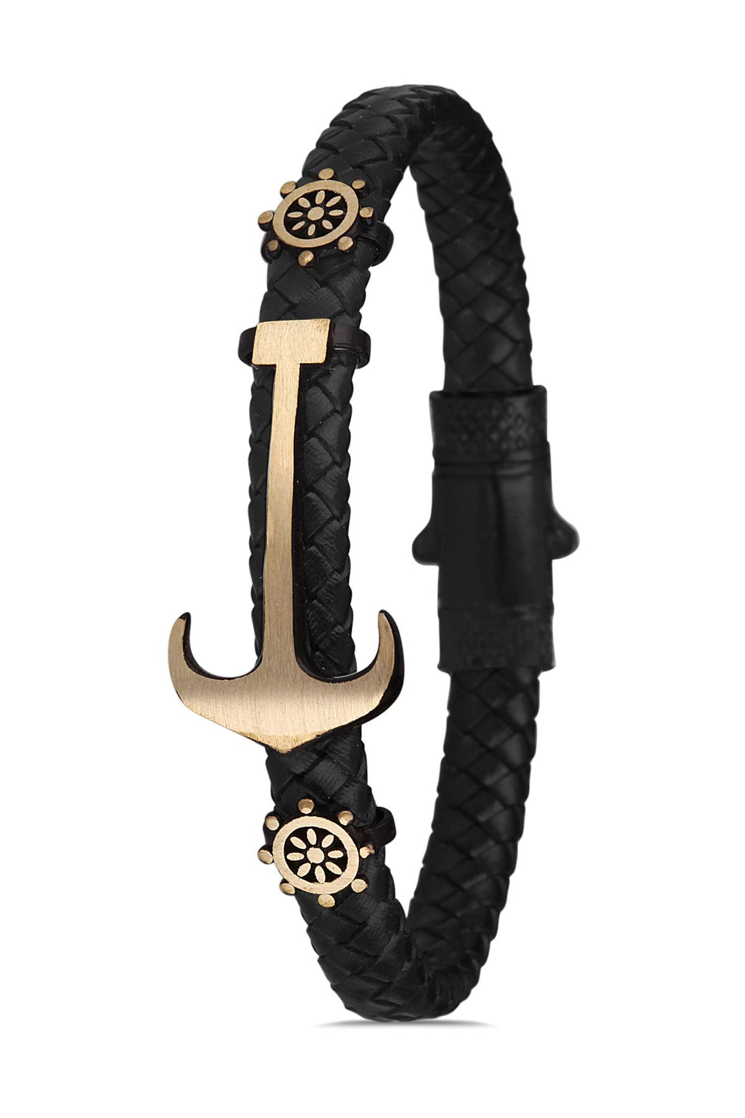 NVM FRNCH Anchor Figured Black-Distressed Color Zircon Stone Handmade Leather Men's Bracelet FRJ11230330-B3 - Bethesda