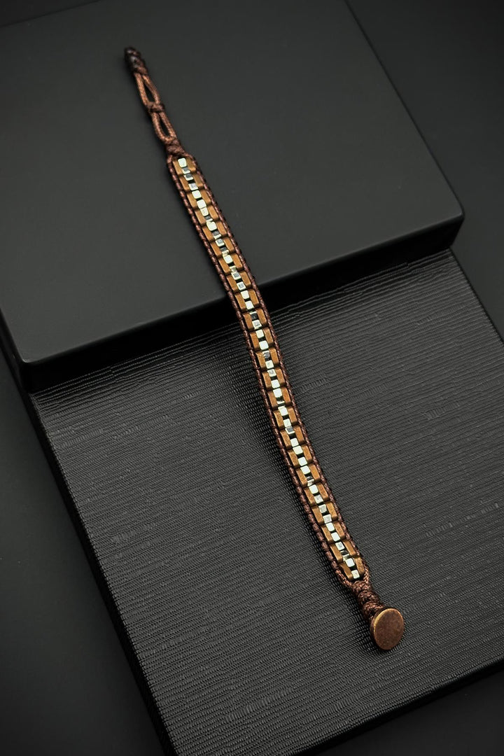 NVM FRNCH Hematite Natural Stone Detailed Leather Brown Color Men's Bracelet FRJ12448-3448-K - Melton