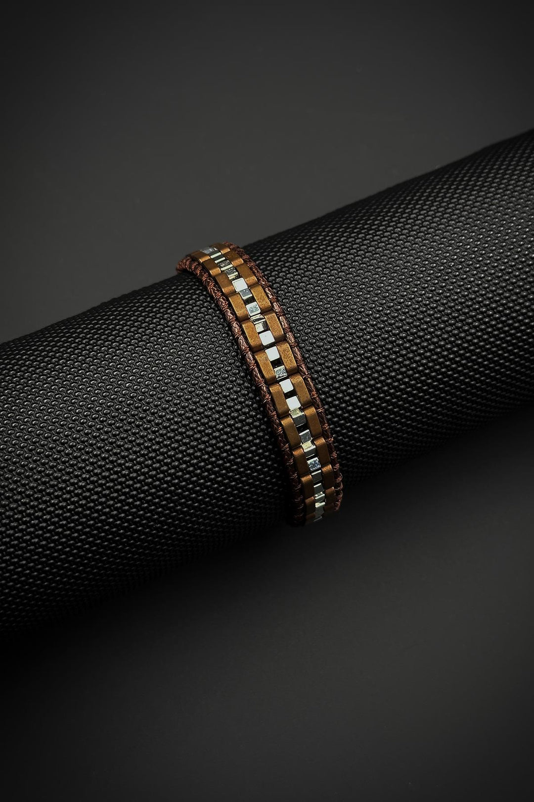 NVM FRNCH Hematite Natural Stone Detailed Leather Brown Color Men's Bracelet FRJ12448-3448-K - Melton