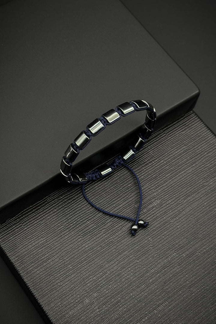 NVM FRNCH Hematite Natural Stone Navy Color Adjustable Macrame Men's Bracelet FRJ12063-3063-L - Glenrothes