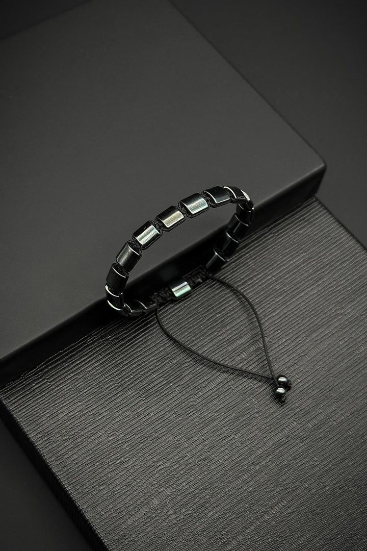 NVM FRNCH Hematite Natural Stone Black Color Adjustable Macrame Men's Bracelet FRJ12063-3063-S - Invercargill