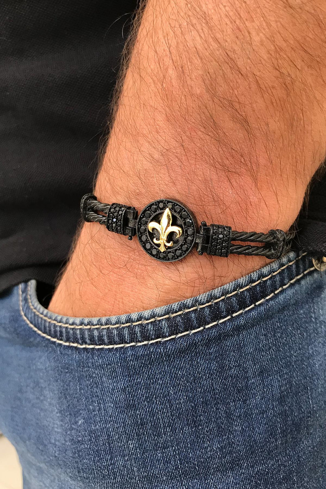 NVM FRNCH Lilyum Figured Zircon Stone Gold-Black Color Handmade Men's Bracelet FRJ11225325-B2G - Brandon