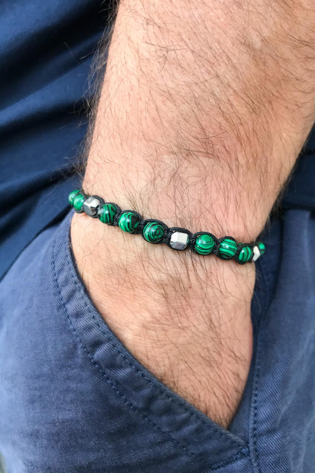 NVM FRNCH Malachite Natural Stone Green Color Adjustable Men's Bracelet FRJ11251351-Y - Hastings