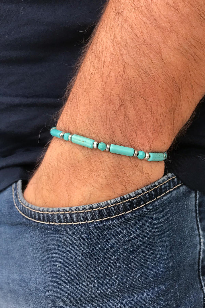 NVM FRNCH Cylinder Variscite Natural Stone Turquoise Color Adjustable Men's Bracelet FRJ11264364-M2 - Rivoli