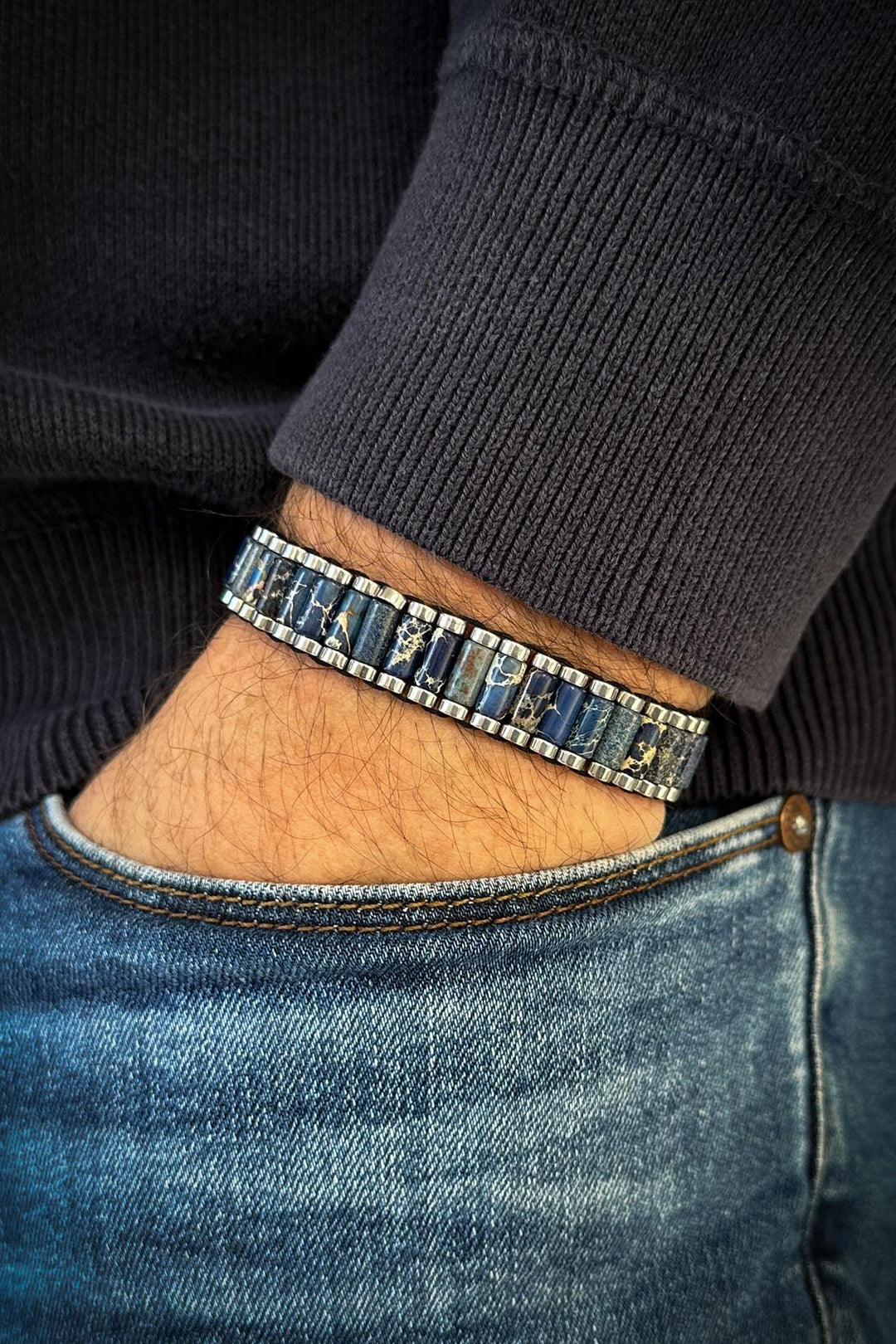NVM FRNCH Varisit Natural Stone Navy Color Adjustable Macrame Men's Bracelet FRJ12065-3065-L - Rosenheim