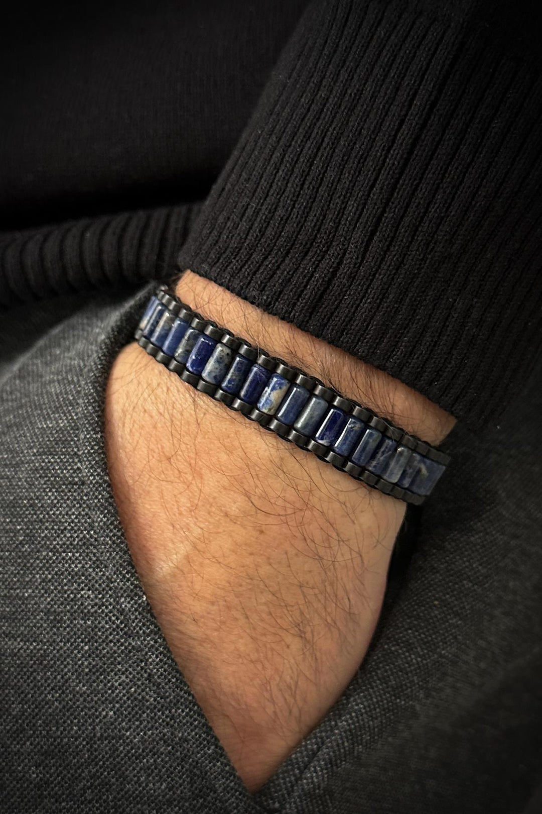 NVM FRNCH Varisit Natural Stone Navy Color Adjustable Macrame Men's Bracelet FRJ12065-3065-L2 - Essex