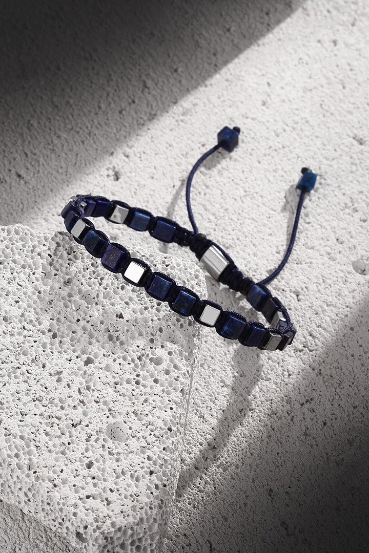 NVM FRNCH Lapis Lazuli Stone Cube Cut Adjustable Men's Bracelet in Navy Blue Color FRJ11255355-L - Utica