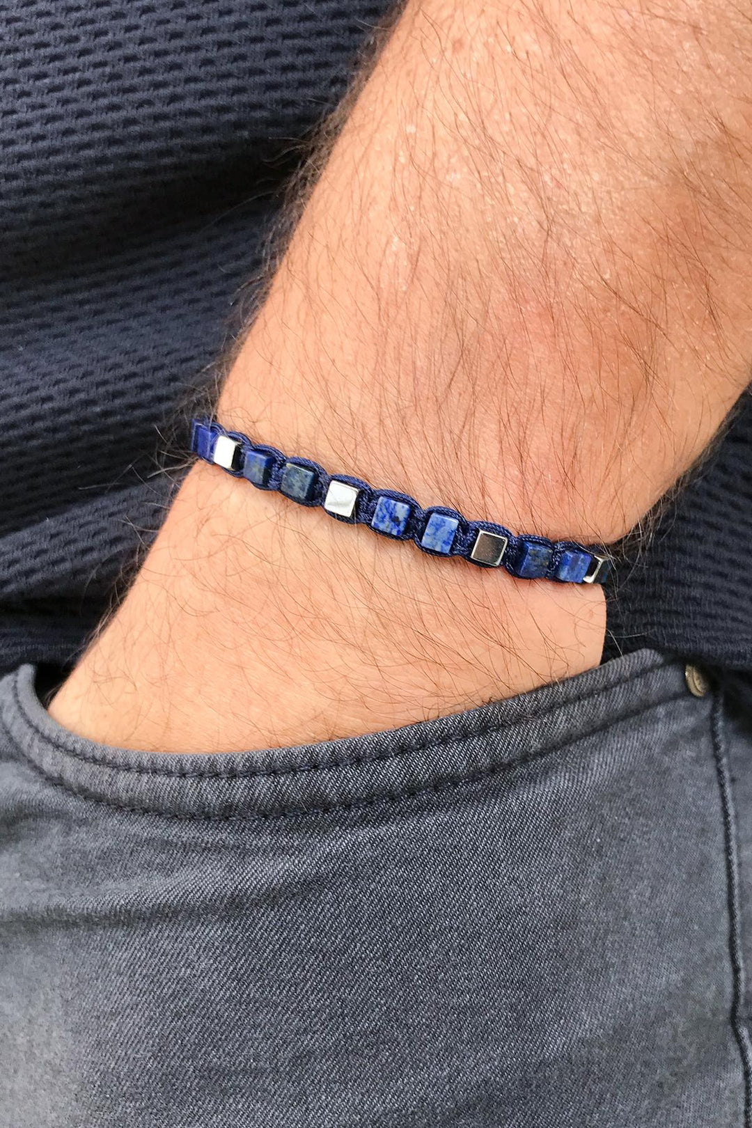 NVM FRNCH Lapis Lazuli Stone Cube Cut Adjustable Men's Bracelet in Navy Blue Color FRJ11255355-L - Utica
