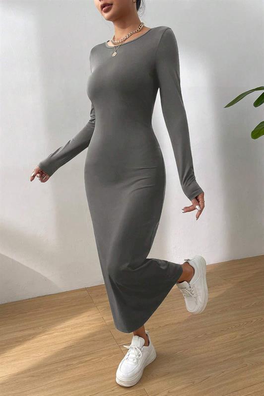 MDX Basic Half Fisherman Long Sleeve Dress MG1947 in Painted Gray - Alcamo