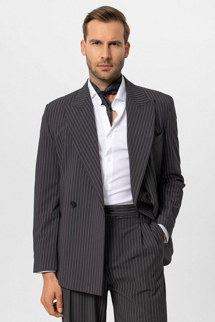 ANT Antioch Smoke Double Breasted Striped Men's Blazer Jacket - Charlottetown