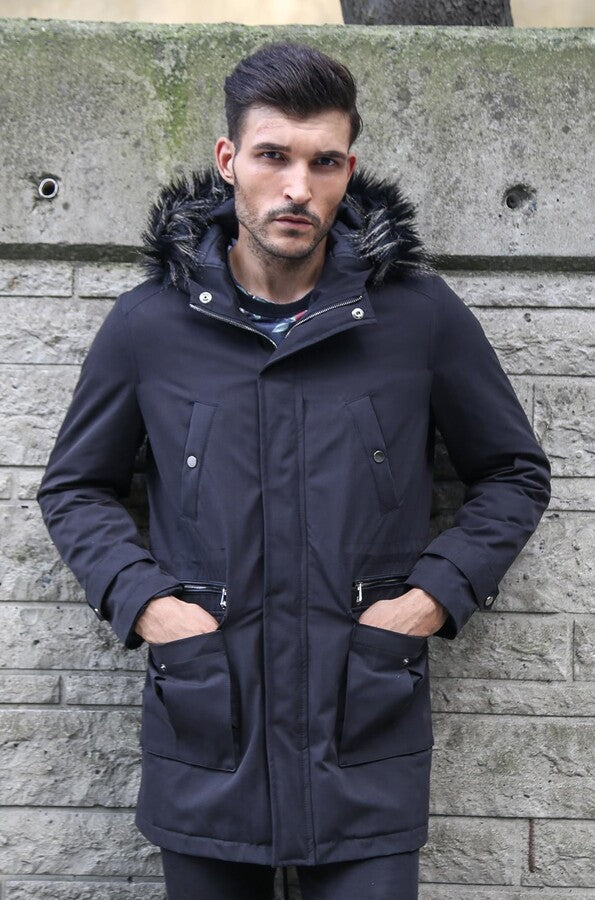 WSS Fur Hooded Black Men Coat  - Busto Arsizio