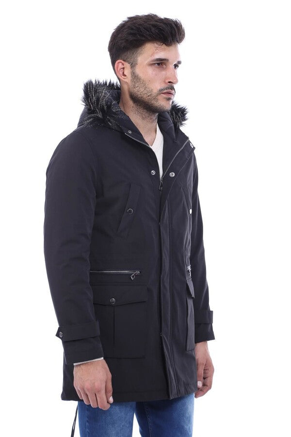 WSS Fur Hooded Black Men Coat  - Busto Arsizio