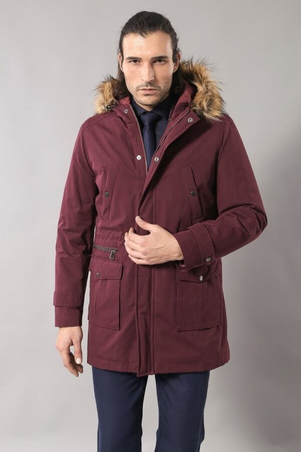 WSS Fur Hooded Burgundy Men Coat  - Falkensee