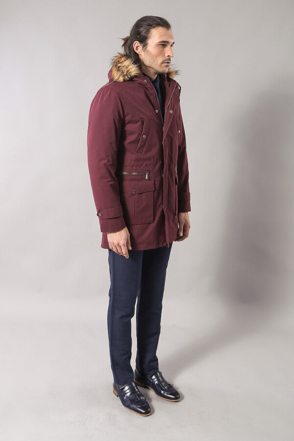 WSS Fur Hooded Burgundy Men Coat  - Falkensee