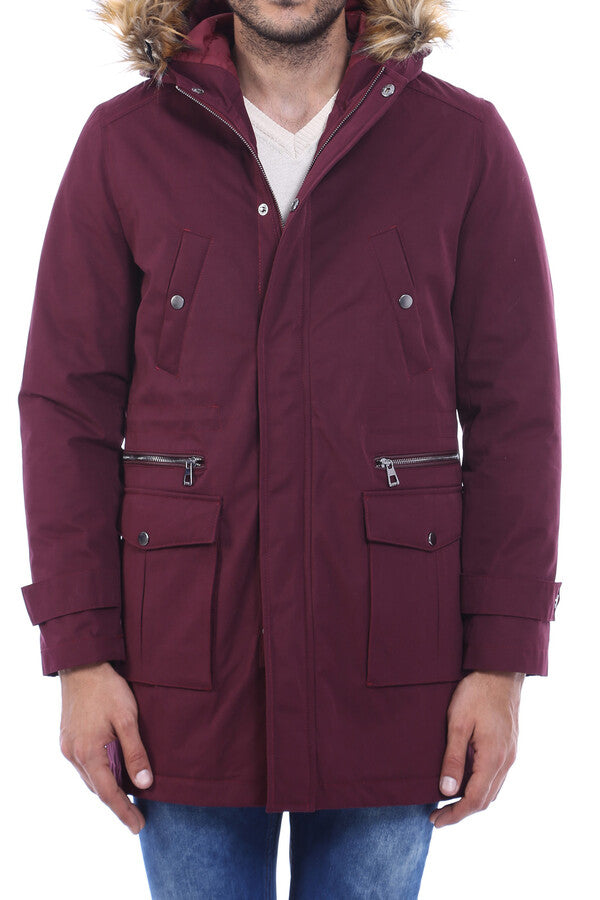 WSS Fur Hooded Burgundy Men Coat  - Falkensee