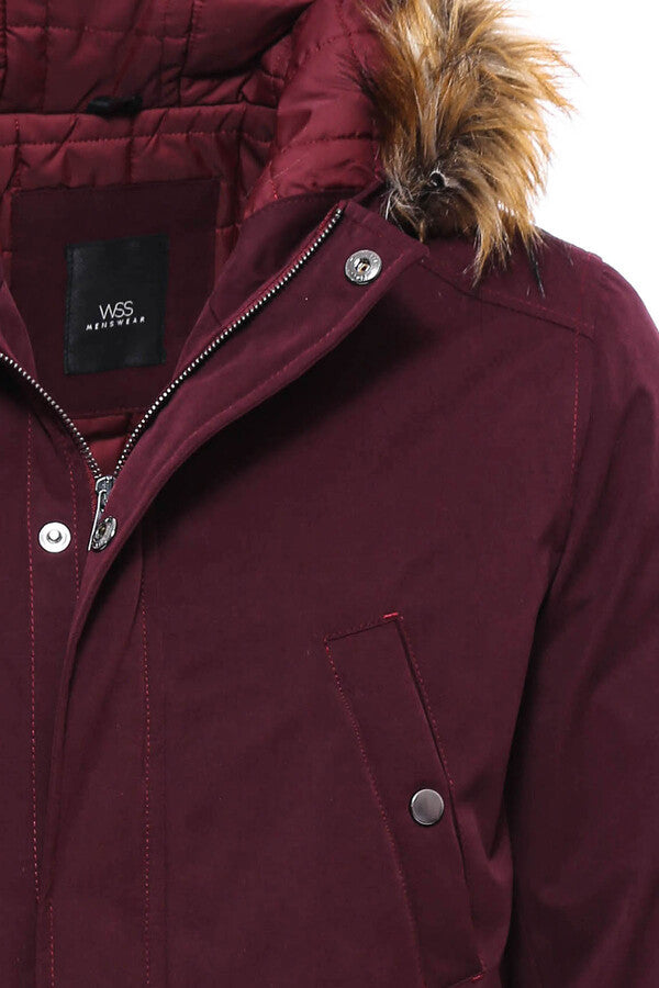 WSS Fur Hooded Burgundy Men Coat  - Falkensee
